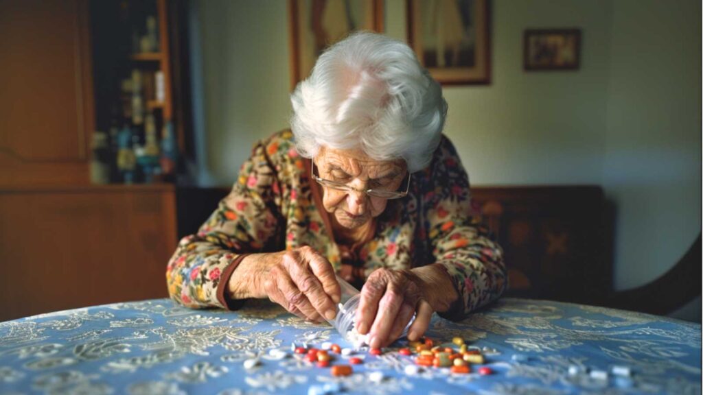 an elderly women in her postmenopausal years taking different medications