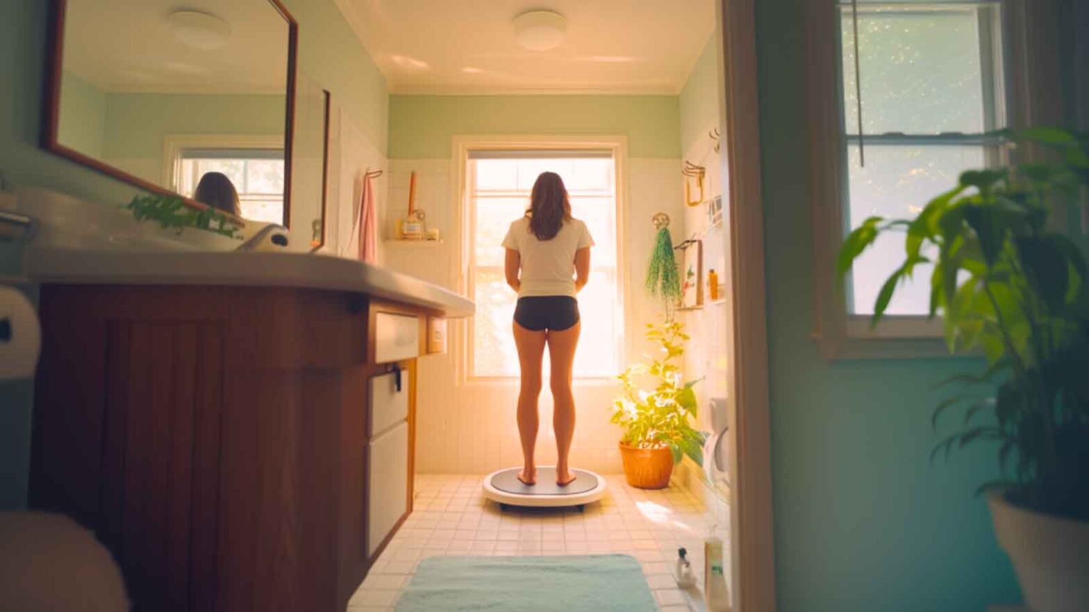 a woman standing on a bathroom weighing scale, checking if her endometriosis is causing weight gain