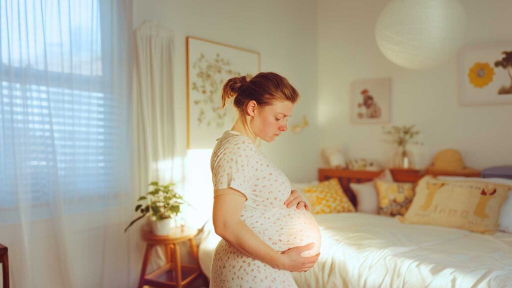 a woman in her third trimester experiencing back pain