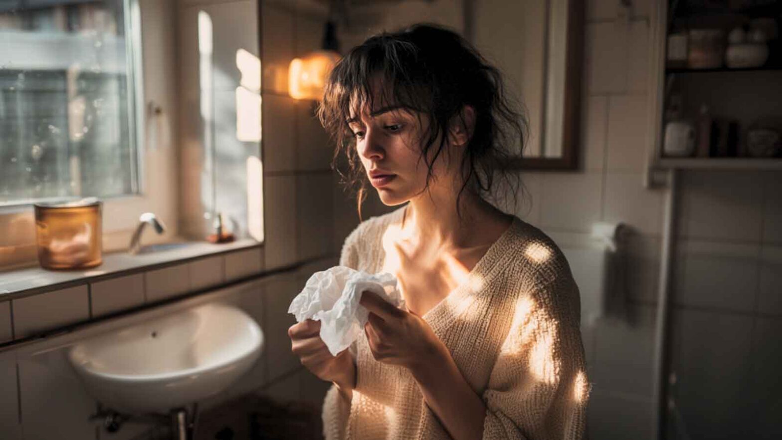 A woman noticing and looking slightly concerned about some bleeding after her Pap smear test