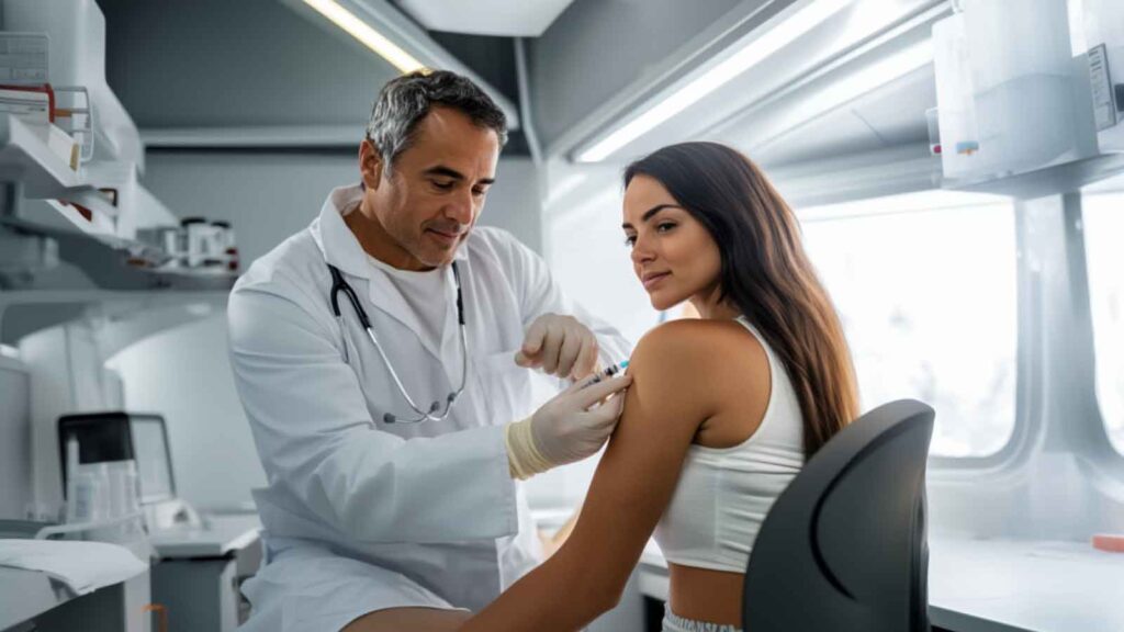 A male OB-GYN injecting a dose of gonadotropins into the arm of a female patient to treat infertility. 