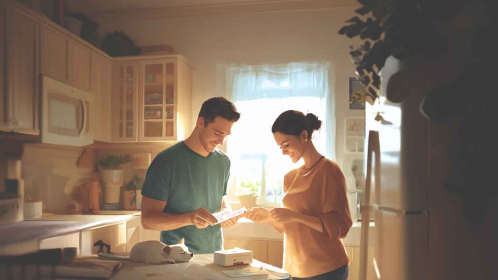 A couple standing in their kitchen reviewing the results of their pregnancy test. They look glad at the positive results.