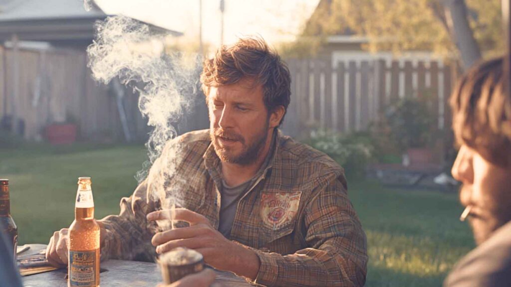 A man who is smoking and drinking a bottle of beer as he chats with his friends in the backyard.