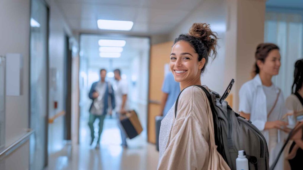 a woman looking back at someone as she walks down the hallway of an OB-GYN clinic. 