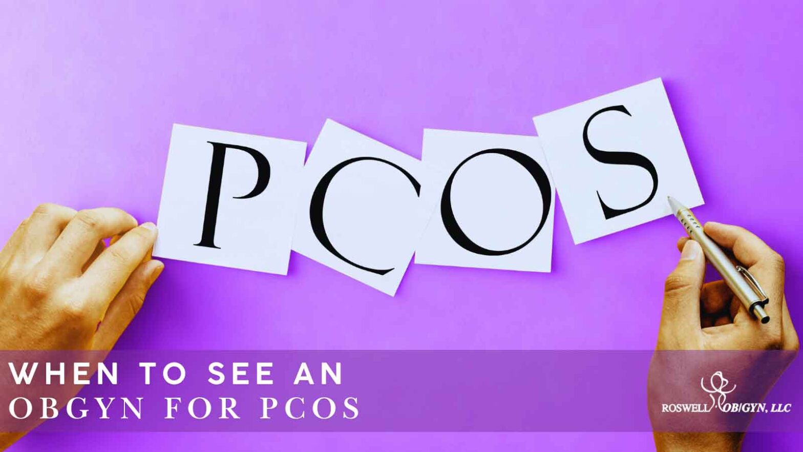 This image features the acronym "PCOS" spelled out with individual letters on a purple surface, accompanied by text and a logo, serving as a direct visual guide on when to schedule an OBGYN checkup for PCOS.
