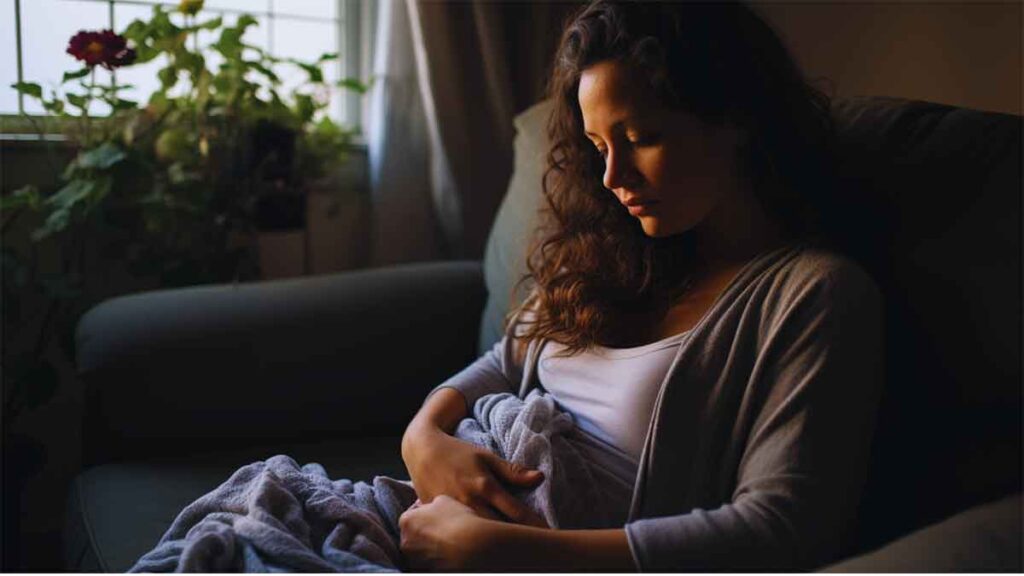 A woman with dark, curly hair sits on a sofa, looking down with a melancholic expression, holding a blanket close to her stomach. The dim lighting emphasizes the challenging nature of postpartum depression symptoms. 