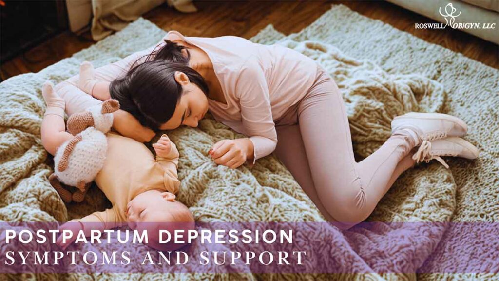 An exhausted mother is shown lying down, seemingly asleep or resting, near her baby on a soft blanket, indicating the severe fatigue that can be one of the postpartum depression symptoms.
