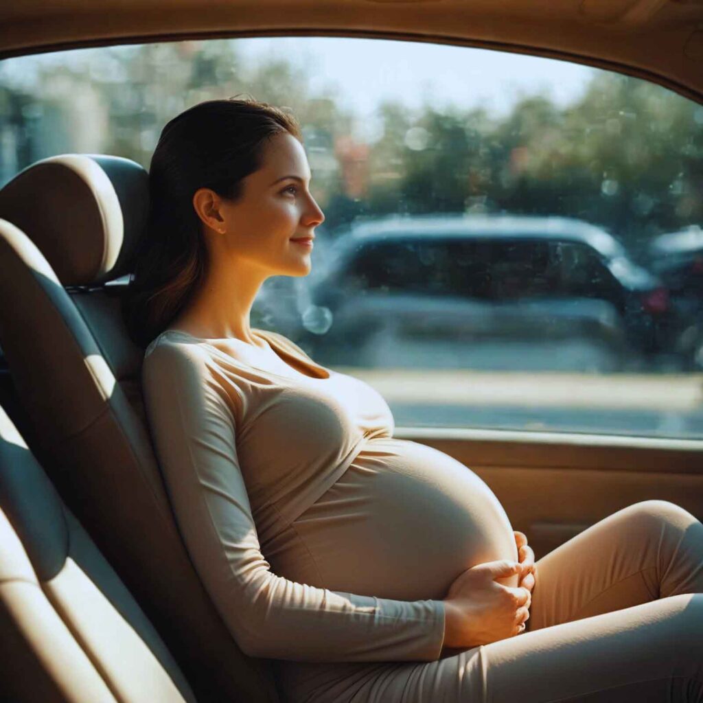 Pregnant woman riding in car comfortably during travel and pregnancy.