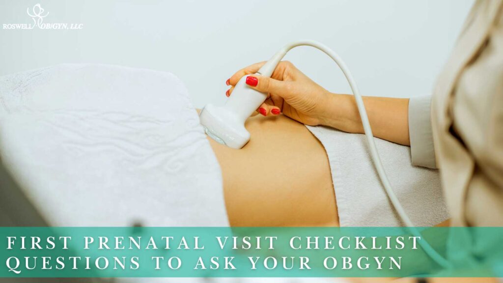 A medical professional using an ultrasound probe on a patient’s abdomen during a checkup, with a checklist for questions to ask your OBGYN.