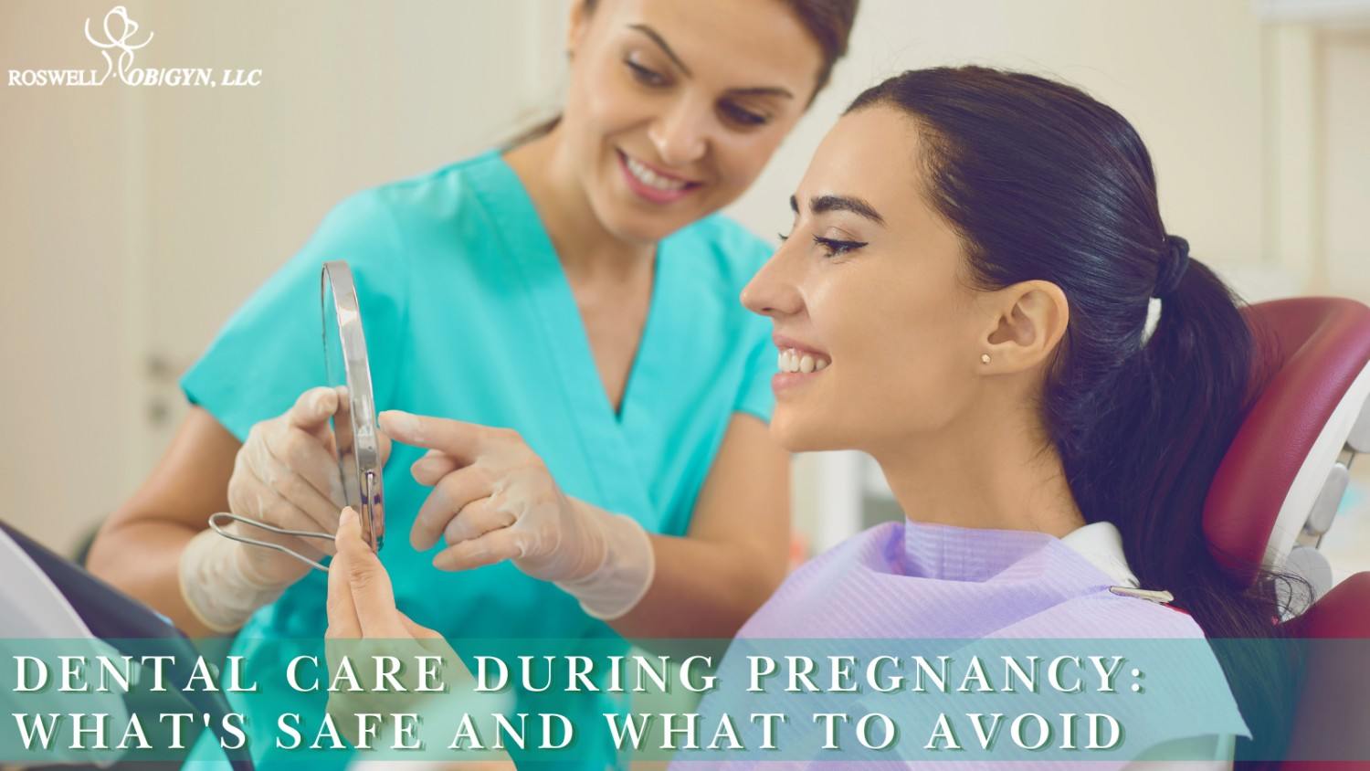 Dental professional showing a smiling patient her teeth in a hand mirror during a dental appointment.